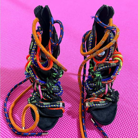 DSQUARED2 Multicolor Braided Rope Wrap Heels - Picture 4 of 12